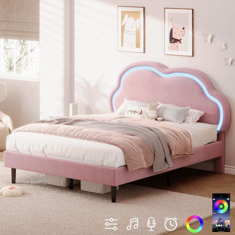 4ft6 Double Upholstered Bed with LED Adjustable Cute Cloud Headboard, Soft Velvet Bed Frame with Solid Wood Slat, No Box Spring Needed, Easy Assembly, Pink (No Mattress)