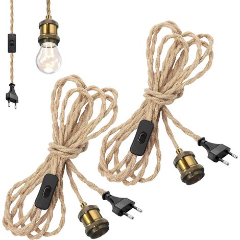 Set di 2 lampadari a sospensione in corda di canapa, portalampada vintage E27 con cavo, lampadario a sospensione in corda di canapa, cavo da 4,6 m, lampada a sospensione con interruttore per casa e ca