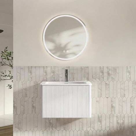 Meuble de salle de bains suspendu blanc avec lavabo 61 cm et miroir LED rond 60 cm OKWISH (1/5)
