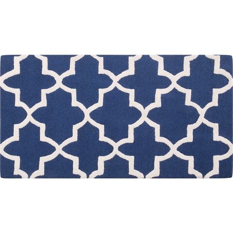 Alfombra de lana azul 80 x 150 cm Patrón de cuadrifolio trébol oriental marroquí hecha a mano Silvan