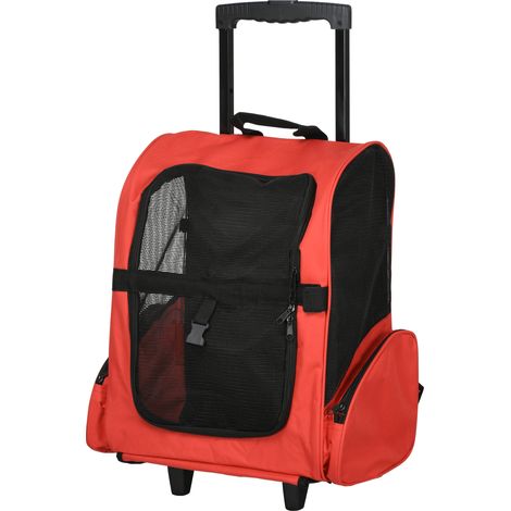 Sac de transport à roulettes pour chien 2 en 1 trolley chariot sac à dos pour chien chat avec poignée téléscopique, sacs de rangement, aérations, attache de sécurité, 42 x 25 x 55 cm, rouge