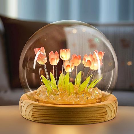 Tulpenlampe aus Glas, LED-Nachtlicht für Mama, romantische Wohndekoration, Geburtstags- oder Weihnachtsgeschenk, kleine Blumenleuchte mit Sockel. (1/5)