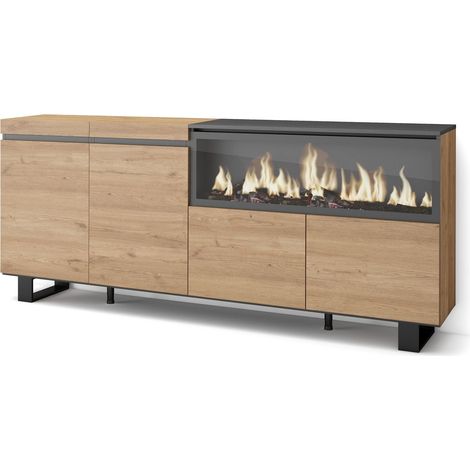 Skraut Home – Buffet de rangement 208x87cm – 4 portes – Cheminée électrique XXL – Design industriel en chêne et métal noir – Meuble moderne pour salon (1/5)