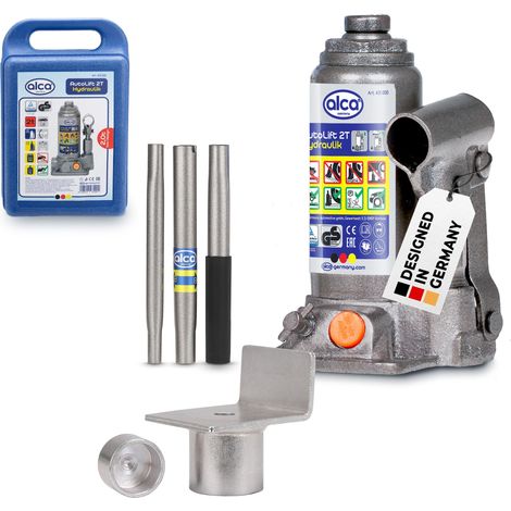 alca® Hydraulischer Wagenheber 2t im Koffer mit L-Adapter I Stempelwagenheber aus Stahl I Hubhöhe 158–308 mm I Autoheber für PKW, SUV, Caravan I Unterstellheber mit Adapter für schwierige Hebepunkte