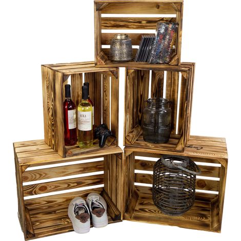 5er set Vintage Kisten geflammt 50x40x29cm & 40x30x25cm Deko & Möbelkisten Wohnwand Obstkisten Weinkisten Optik DIY Upcycling (1/5)