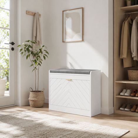 Banc à chaussures, banc de rangement, assise rembourrée, tiroir rabattable, porte avec motif 60 x 26 x 52,5 cm, blanc (1/5)