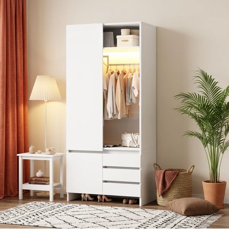 MODFU – Armoire dressing 90x50x200 cm MDF/panneaux particules – Panier à linge, LED, penderie et 3 tiroirs – Charge 30/20 kg – Chambre – Blanc (1/5)