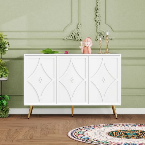 Credenza a 3 ante, bianca con motivo intagliato 3D, gambe in metallo dorato, mobile contenitore moderno per soggiorno, corridoio o camera da letto, 120×40×80 cm