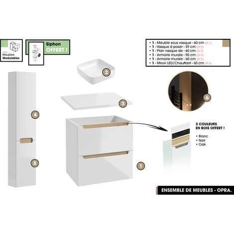 Ensemble complet de salle de bain - Meuble - Plan - Armoires - Miroir - Vasque à poser avec Siphon OFFERT OPRA 60 x 60 x 45 cm (1/5)