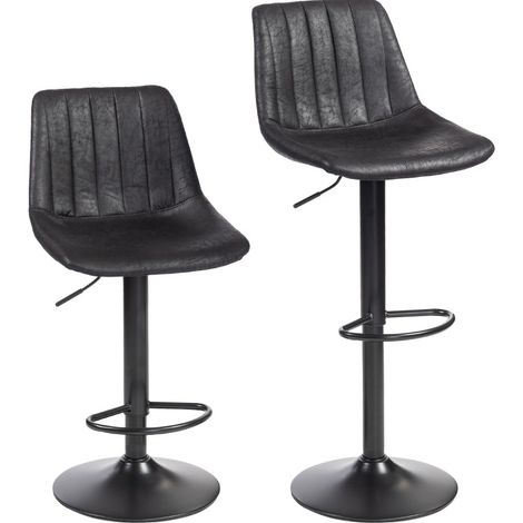 2er-Set höhenverstellbarer Retro-Barhocker aus schwarzer Mikrofaser mit Fußstütze (1/4)