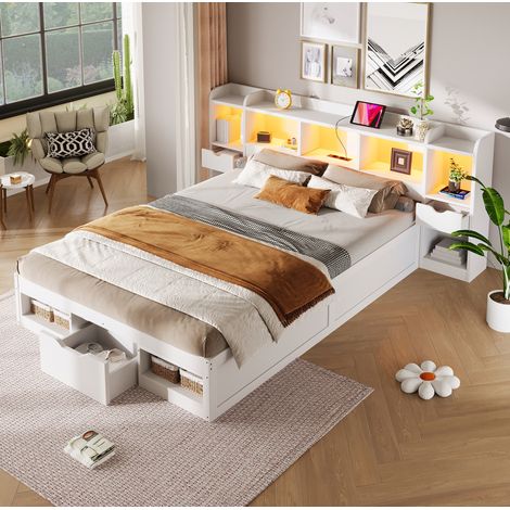 Plattformbett 140x200 cm weiß aus MDF und Sperrholz mit Stauraum, LED-Beleuchtung und USB-Anschluss (1/5)
