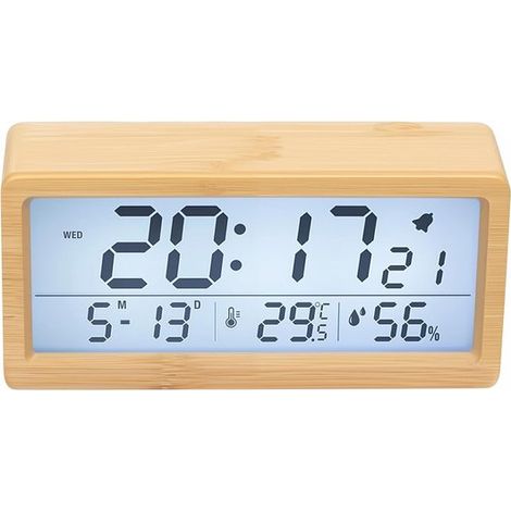 Sveglia digitale da tavolo in legno con ampio display LCD, indicazione di temperatura/umidità, luce notturna e funzione snooze, alimentata a batteria di tipo I. (1/5)