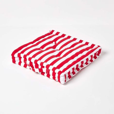 HOMESCAPES Cotton Red Thick Stripe Floor Cushion, 50 x 50 cm