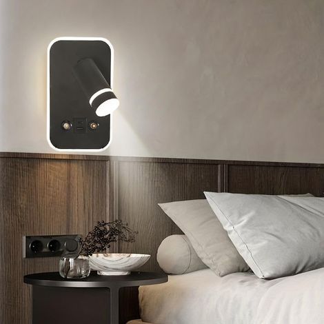 Aplique de pared LED regulable para interiores con carga USB + Tipo-C, lámpara de mesita de noche táctil de 3W + 6W, lámpara de lectura negra, foco de lectura moderno (1/3)