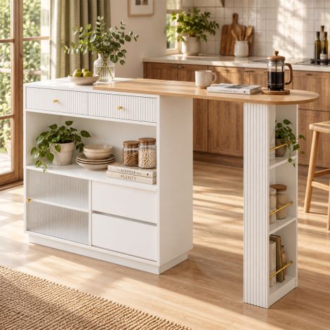 Îlot de cuisine rotatif 360° avec bar, rangement et éclairage LED, panneau de particules, blanc (1/5)
