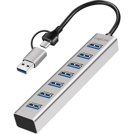 Hub USB 3.0 LogiLink de 7 puertos USB-A con cable 2 en 1 USB-A/USB-C de 5 Gbps, color plata. (1/5)