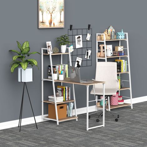 Klappbarer Schreibtisch – 2-in-1-Bücherregal-Schreibtisch – 4 Ablagen – Eichenholzoptik hell, weißes Metall