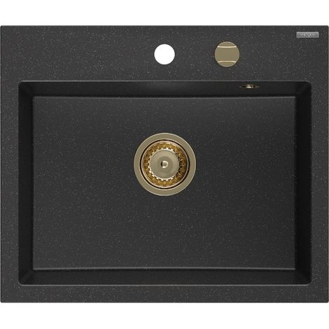 Mexen Oscar évier en granit 1 bac 580 x 490 mm, noir/argent métallisé, siphon doré - 6519581000-73-G (1/5)