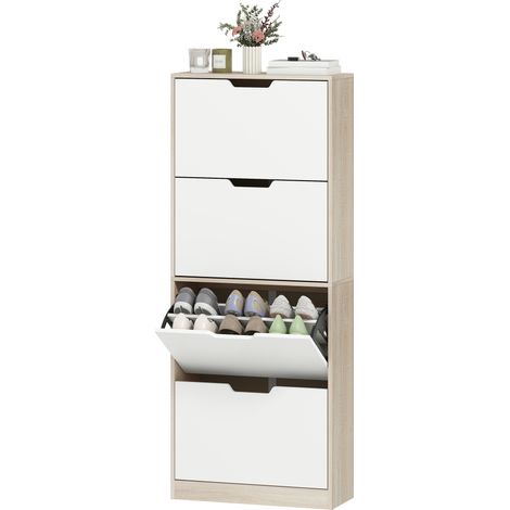 HOMCOM Mobile Scarpiera a 4 Cassetti 62.5x26x156 cm color Legno e Bianco