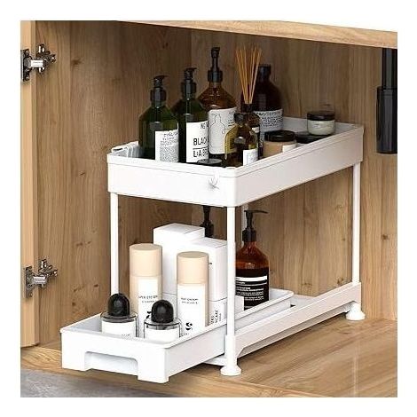Ronlap Rangement sous Évier Cuisine à 2 Niveaux avec Tiroir Coulissante, étagère de rangement multifonction avec crochets pour cuisine, salle de bain, buanderie, blanc (1/5)