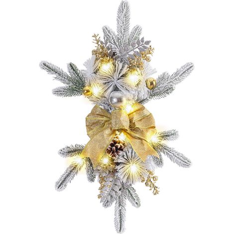 23,6 Zoll (ca. 60 cm) großer, beleuchteter Weihnachts-Treppenhausschmuck mit Lichterkette, tropfenförmiger Kranz für Haustür, Fenster und Treppenhaus, golden (1/3)