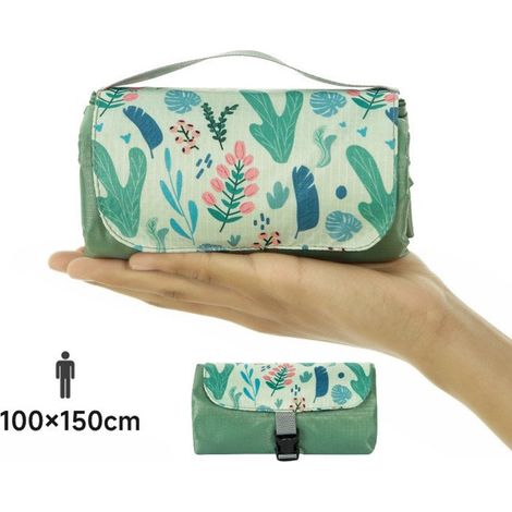 Green Mobility-Couverture de pique-nique imperméable et portable - Motif botanique tropical - Idéale pour les pique-niques et le camping - 150 x 100 cm - Vert foncé (1/3)