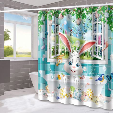 Ensemble de salle de bain avec rideau de douche et tapis de Pâques, décor rustique turquoise avec queue de lapin et œufs, rideaux imperméables, tapis de siège de toilette et autres accessoires. (1/3)