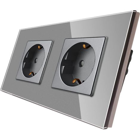 Douille à double 16 Amp avec vitre durci Gris, protection de l'enfance, matériau ignifuge, socket schuko standard (1/5)