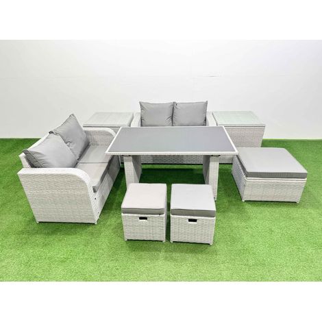 Fimous 8 Pieces Outdoor PE Rattan Sofa Set Patio Garden Furniture Sets with Cushions 2 Side Tables 3 Stools Light Grey (1/4)