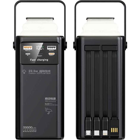 Power Bank - 100000 Mah - 3 Usb Ports - Led Flashlight - Integrated Type C And Lightning Cables - Camping Outdoor Travel - 1 Unit (1/5)