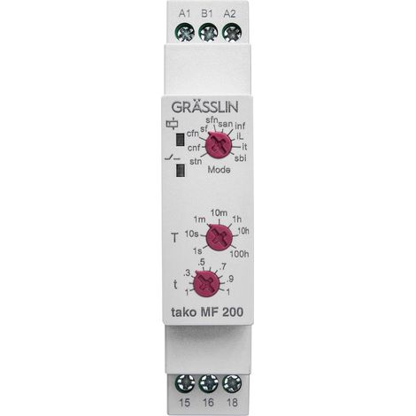 Grässlin 40.01.0001.1 tako MF 200 elektronisches Multifunktions-Zeitrelais, DIN-Schiene/Hutschiene, 1 Kanal, 10 Programme, Einstellbereich 0,1s-100h, Zyklussteuerung, Drehschalter, 12-230 V AC, IP 20 (1/5)