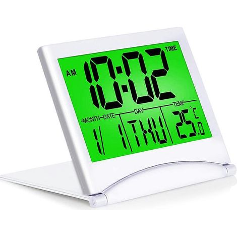Réveil numérique de voyage avec écran LCD rétroéclairé, calendrier et affichage de la température. Convient à la maison, à la chambre, en voyage, aux enfants et aux adultes. Fonction snooze et alarme (1/5)