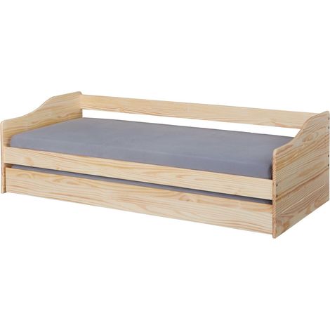 Lit Banquette 90x200 pin massif coloris vernis naturel - Longueur 207 x Profondeur 97 x Hauteur 62 cm -PEGANE- (1/5)