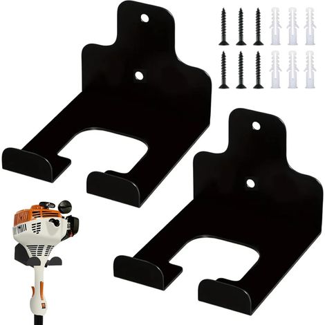 Soporte de pared de 2 piezas para cortacésped/desbrozadora, soporte para herramientas de jardín, soporte para desbrozadora, con tornillos a juego, para desbrozadoras y herramientas de jardín—Negro (1/5)
