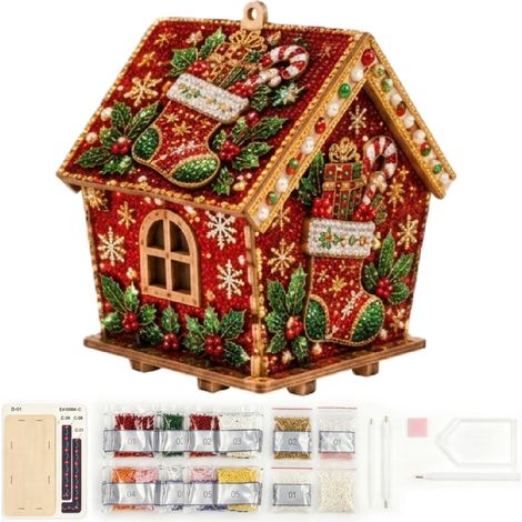 Kit de décoration de maison en pain d'épice 3D en bois à faire soi-même avec fausses perles – Modèle de chaussette de Noël (1/5)