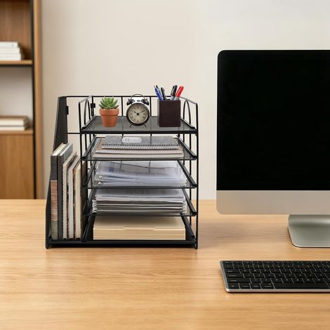 5-stufiges Papier-Briefablagefach, Schreibtisch-Organizer mit seitlichem Aktenhalter, 32  31  31,5 cm, noir (1/5)
