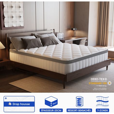 Authmic – Matelas ressorts 140x200 cm – 7 zones de confort – Mousse à mémoire – Drap-housse inclus – Épaisseur 25 cm – Anti-allergène (1/5)