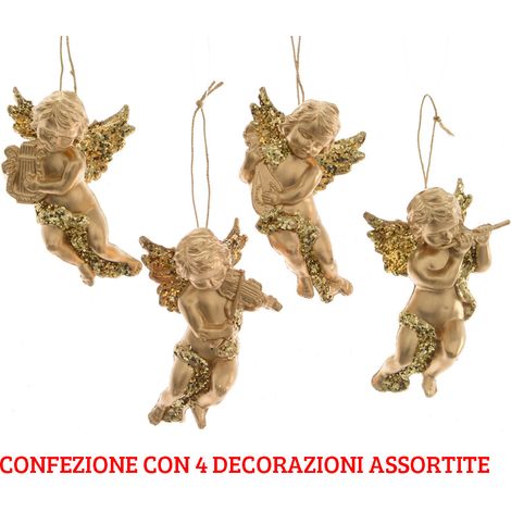 4 ANGIOLETTI 10 CM ORO GLITTERATI CON DECORI ASSORTITI NATALE ADDOBBI DECORO