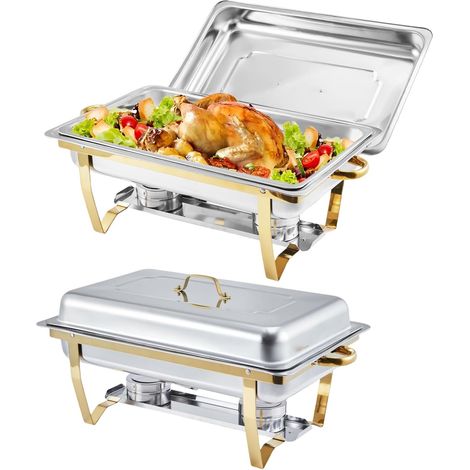 2 chauffe-plats rectangulaires 7,57 L dorés acier inox pour buffet fêtes (1/5)