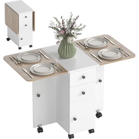 Table de Cuisine Pliable 2 Tiroirs 120 x 60 x 76,5 cm Blanc Chêne (1/5)