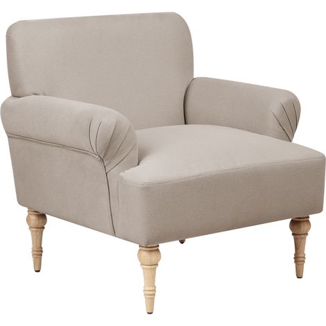 Sillón tapizado de tela poliéster hidrófugo asiento grueso patas de madera de caucho gris pardo Fredros
