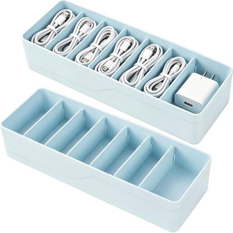 2 Pièces Boîtes Range Cable avec Compartiments Réglables Boîte Câble Transparente avec 7 Séparateurs, Boîte de Rangement Chargeur pour Ranger Les Câbles, Chargeurs (1/5)