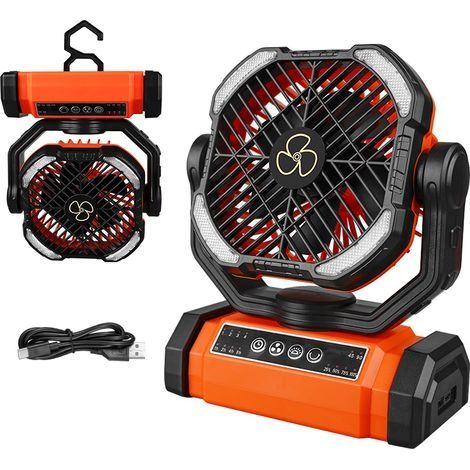 Ventilateur portable rechargeable, ventilateur de camping oscillant à 90°, grand ventilateur à piles pivotant à 270°, ventilateur sans fil à 4 vitesses avec lanterne LED et crochet (1/5)