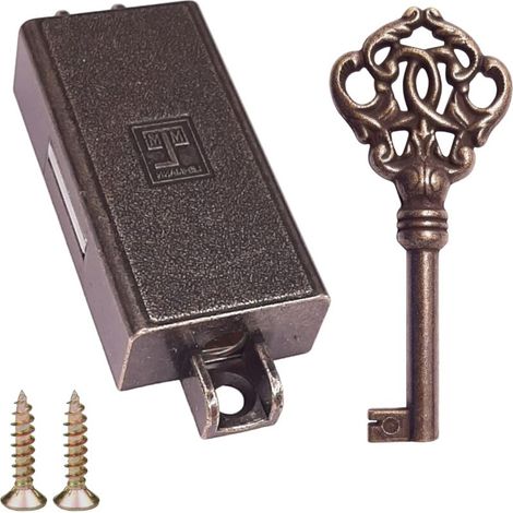 Serrure espagnolette brun bronze clé antique remplacement meuble buffet ancien décoration rustique armoire vintage, gauche (1/4)