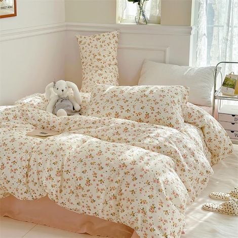 Parure de lit 140 x 200 cm - Beige - Fleurs multicolores - Housse de couette et taie d'oreiller 70 x 90 cm (1/5)