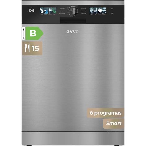 Lavavajillas EVVO D6X Inox 60cm, 15 Cubiertos, Clase B, Apertura Auto, Luz UV, Inox