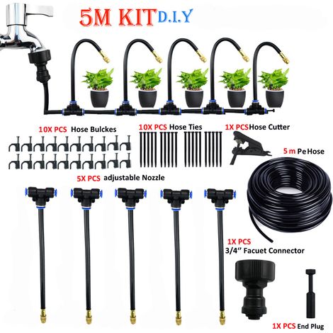 Kit d’arrosage brumisateur 5 m, tuyau PE 8 mm, buses laiton orientables, connexion rapide, système d’irrigation pour balcon jardin potager (1/5)