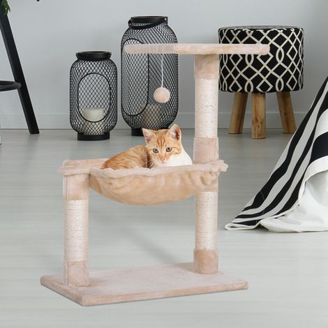 Tiragraffi per gatti PawHut con 3 pali tiragraffi, in sisal naturale, piattaforma, amaca e palla sospesa, dimensioni: 50L x 36W x 70H cm, morbido peluche beige.