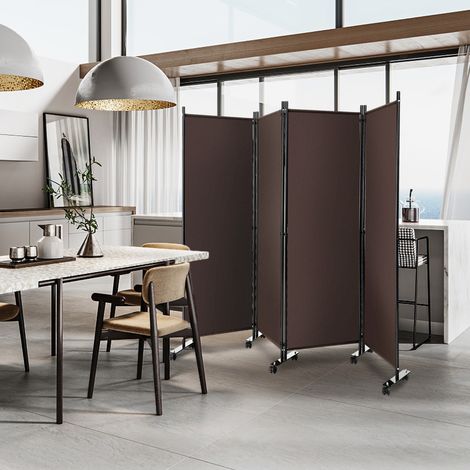 Paravent à Roulettes 4 Panneaux Pliable Brise-vue Cloison de Séparation Pièce sur Pied Protéger Privée 225 x 30 x 173 CM Brun (1/3)