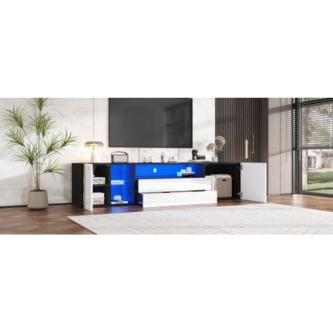 Meuble TV / Banc TV Slim (avec éclairage LED et finition haute brillance) : Équipé de 2 tiroirs et de 2 placards de rangement — adapté aux téléviseurs jusqu'à 75 pouces — et présentant un design bicol (1/4)